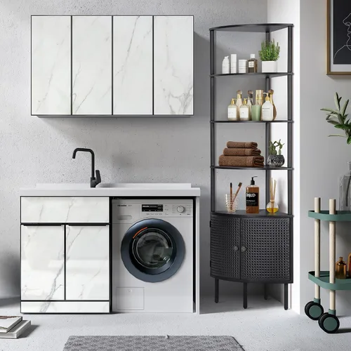 Miniatura 5 de Estante esquinero de 66.92 pulgadas de alto de 4 niveles, armario de baño esquinero con puertas de ratán de metal, estante de almacenamiento