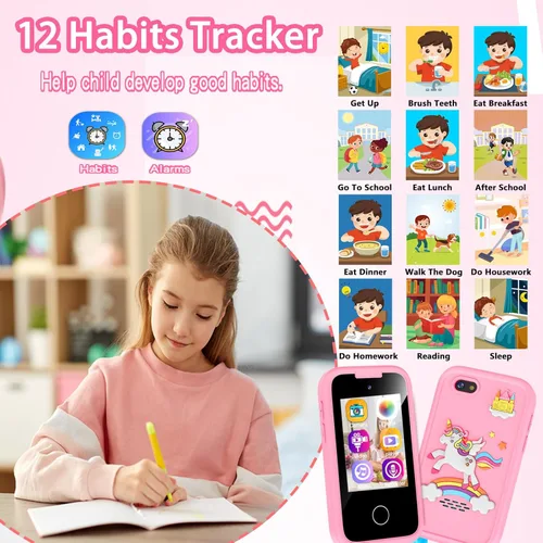 Miniatura 6 de Teléfonos inteligentes para niños, juguetes para niñas y niños de 3 a 8 años, juguetes de aprendizaje para niños pequeños con juegos educativos, Rosa