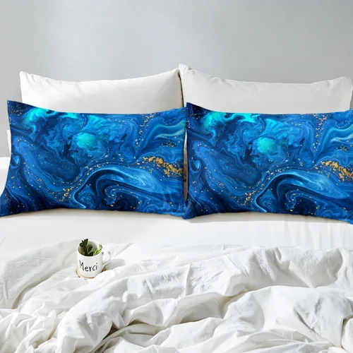 Miniatura 5 de Erosebridal Sábana bajera ajustable con patrón de piedra azul con estampado de mármol azul, juego de ropa de cama líquida trippy para niños, niñas
