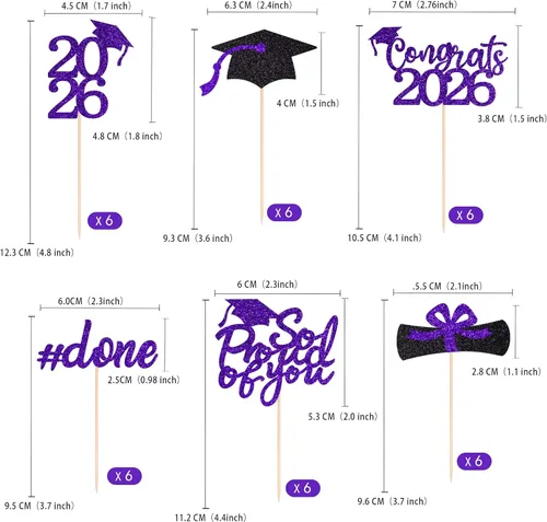 Miniatura 2 de 36 adornos para cupcakes de graduación de clase 2026, con purpurina azul de doble cara para suministros de fiesta de graduación, decoraciones