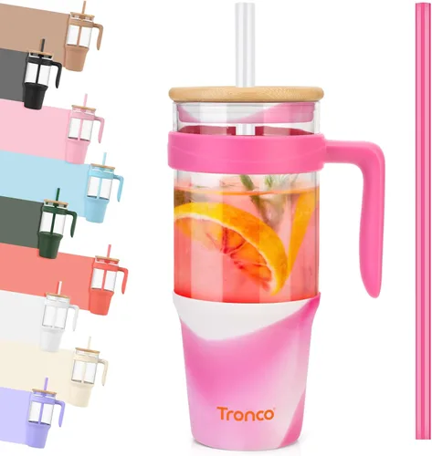 Miniatura 38 de Tronco Vaso de vidrio de 32 onzas con popote y tapa, tapa con popote 2 en 1 a prueba de fugas, botellas de agua de vidrio con asa, apto para Rosa