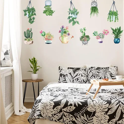Miniatura 3 de IARTTOP Calcomanía de pared de plantas en maceta de primavera, flores verdes, plantas en maceta, calcomanías de pared para colgar plantas en macetas