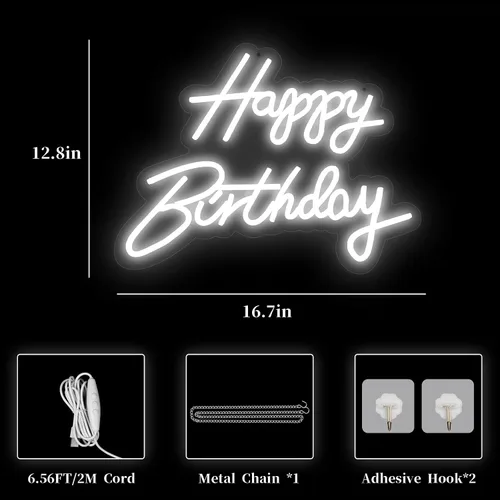 Miniatura 3 de Letrero de neón de feliz cumpleaños, luz de neón blanca de cumpleaños de 16.5 x 9.8 pulgadas para decoración de pared, alimentada por USB