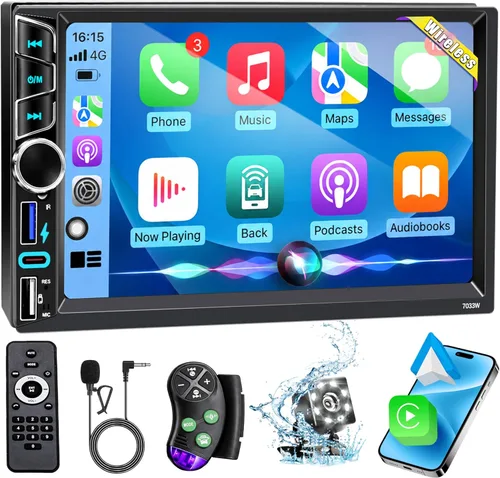 Estéreo de coche doble DIN de 7 pulgadas compatible con Apple Carplay Android Auto inalámbrico | Bluetooth 5.2 | Salidas de 180 W | Subwoofer | FM |