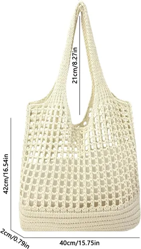 Miniatura 5 de ENBEI Bolso de playa plegable para mujer, lavable y ligero, bolso de hombro tejido ecológico para viajes, compras, regalos Blanco-A