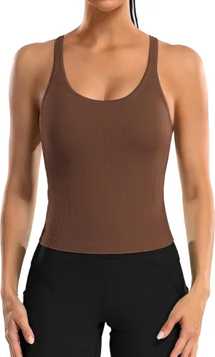 Miniatura 87 de ATTRACO Camiseta corta acanalada de entrenamiento para mujer con brasier integrado para yoga, espalda cruzada, ajuste ajustado