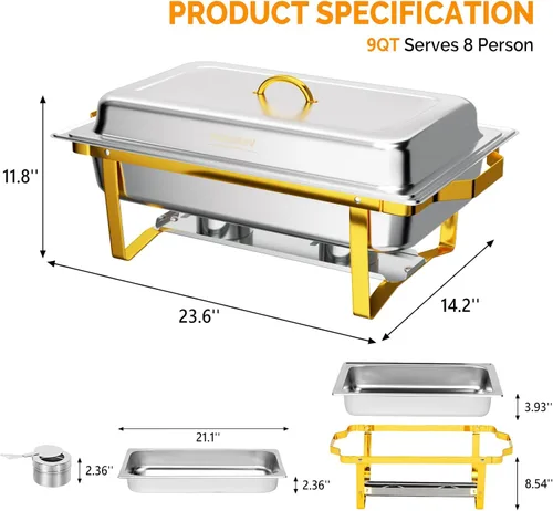 Miniatura 8 de ROVSUN Platos de roce para buffet, paquete de 6 platos de 9 cuartos de galón [elegante oro y plata] con diseño de borde enrollado, juego
