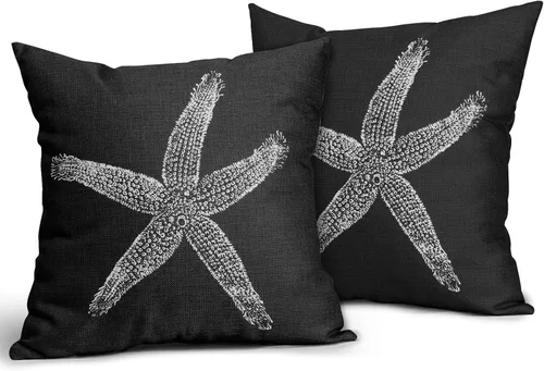 Miniatura 2 de Sweetshow Juego de 2 fundas de almohada cuadradas de lino con estrellas de mar negras de 16 x 16 pulgadas, decoración náutica costera de playa