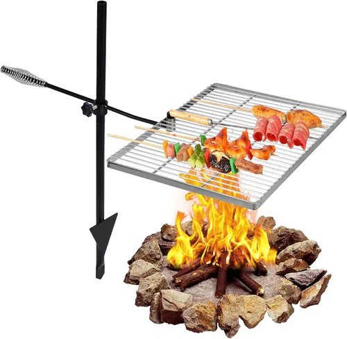 Miniatura 11 de REDCAMP Parrilla plegable giratoria para fogata, parrilla portátil para fogata sobre foso, rejilla de acero resistente y estante para fogata