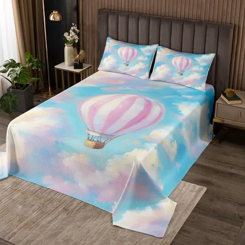 Miniatura 14 de Manfei Lindo pingüino para niños, tamaño individual, juego de colcha de princesa con lazo rosa con globo aerostático, decoración de habitación