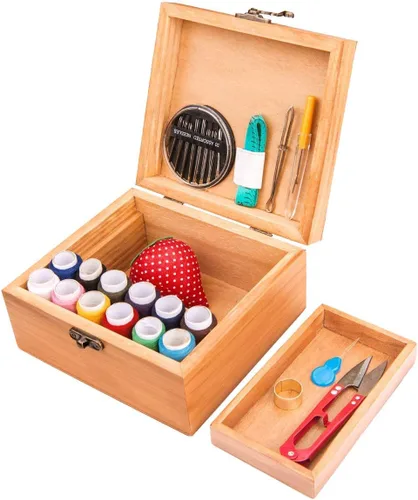 Miniatura 4 de Kit de costura, caja de madera para adultos, cesta de costura de madera con accesorios, kit de reparación de costura para principiantes, mujeres