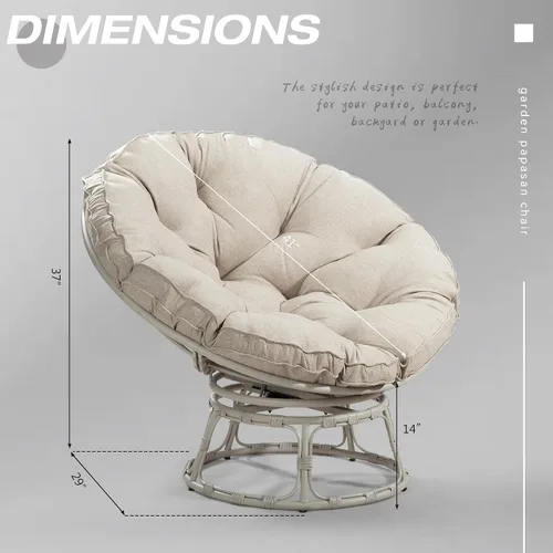 Miniatura 4 de Papasan - Silla con cojín, base giratoria de 360°, platillo grande, marco gris claro, poliéster beige