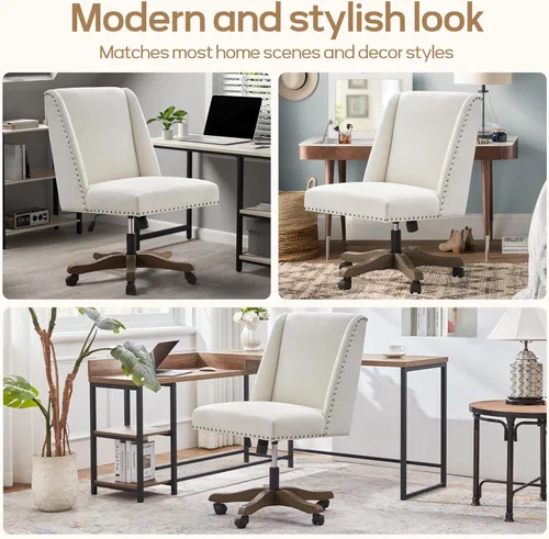 Miniatura 7 de Zihanhome Silla de Oficina Tapizada Sin Brazos con Patas de Madera, Moderna Silla de Escritorio Ajustable con Patrón Cruzado para Oficina en Casa
