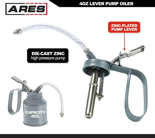 Miniatura 3 de ARES 55024 - Lata aceitera estilo palanca gris de 4 onzas - Incluye manguera flexible trenzada de acero y boquilla de acero rígido descentrada