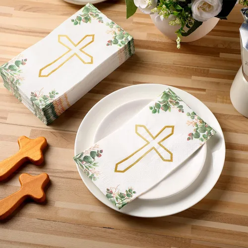 Miniatura 6 de Karenhi 200 Piezas Servilletas de Cruz de Bautismo 2 Capas Dios Bendiga Cruz Cristiana Servilletas Desechables para Invitados para Bautismo Toallas