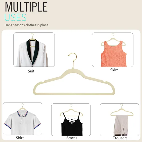 Miniatura 4 de ManGotree Perchas de terciopelo con gancho dorado giratorio de 360°, perchas de fieltro antideslizantes para trajes, colgador de ropa delgado que