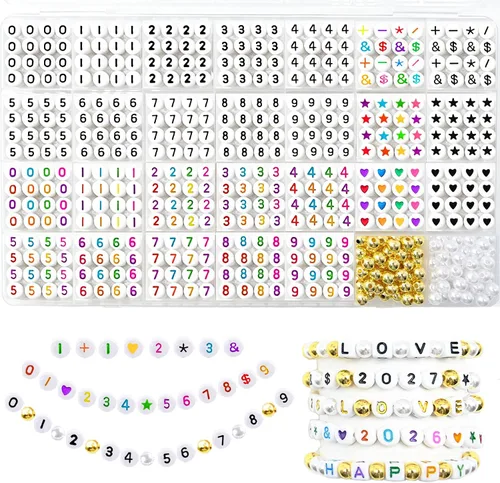 Miniatura 29 de 1400 cuentas redondas blancas y negras para pulseras, cuentas digitales de símbolo matemático del 0 al 9, juego de cuentas acrílicas de número