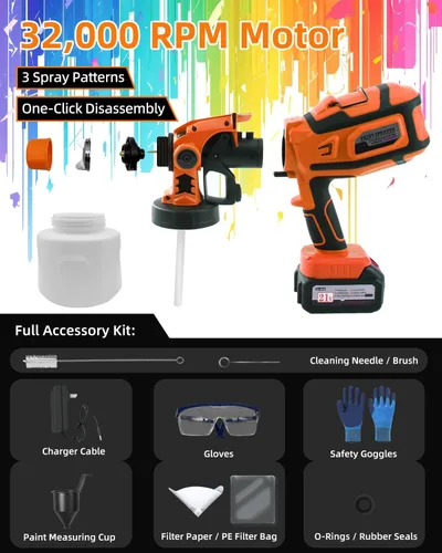 Miniatura 7 de Pulverizador de pintura HVLP inalámbrico - Motor de 650 W, recipiente desmontable de 47.3 fl oz, 6 boquillas de cobre, 3 patrones de pulverización