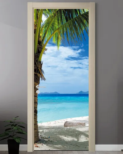 FLFK Adhesivo de puerta - Playa y palmera, mural de pelar y pegar, tamaño combinado 36"x80", dividido en 2 piezas Mt2219