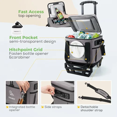 Miniatura 6 de TOURIT Hielera Portátil Plegable Rodante Suave para 50 Latas con Espacio de 29L y Carrito Todoterreno Reforzado con Ruedas para Transporte Fácil