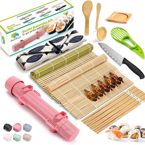 SmileTools Kit de Fabricación de Sushi para Principiantes - Juego de 22 Piezas para Hacer Sushi con Esterilla de Bambú, Bazooka de Sushi, Cuchillo
