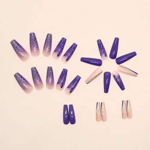 Miniatura 2 de Uñas postizas de bailarina moradas de larga duración, 24 uñas postizas reutilizables de cobertura completa con pestañas adhesivas, uñas postizas