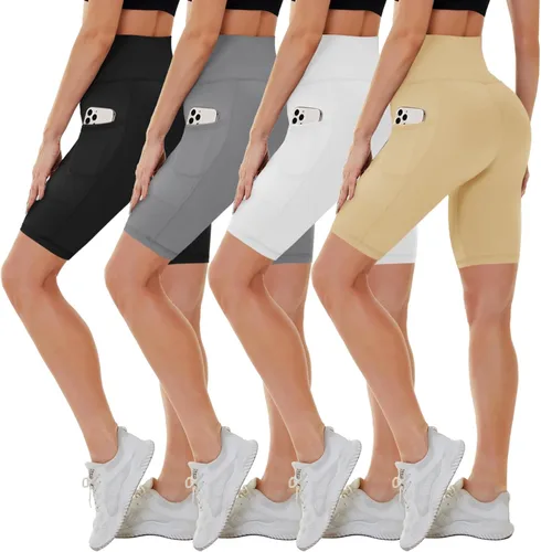 CAMPSNAIL Paquete de 4 pantalones cortos de ciclismo para mujer con bolsillos 5"8" cintura alta control de abdomen entrenamiento gimnasio yoga