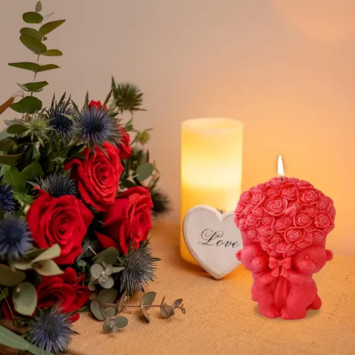 Miniatura 5 de ZAKVOOR Molde de vela con forma de oso de rosa, molde de silicona de fundición de resina para el día de San Valentín, velas de aromaterapia, cera