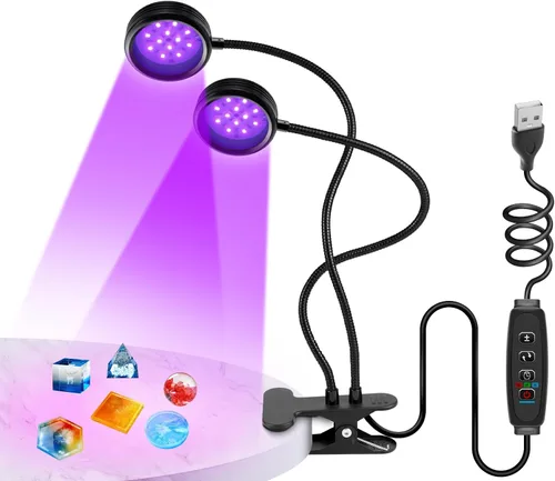 inShareplus Luz de doble cabeza UV regulable de 395 nm ~ 405 nm con USB, luces de resina de abrazadera negra UV portátil de 10 W, lámpara de curado