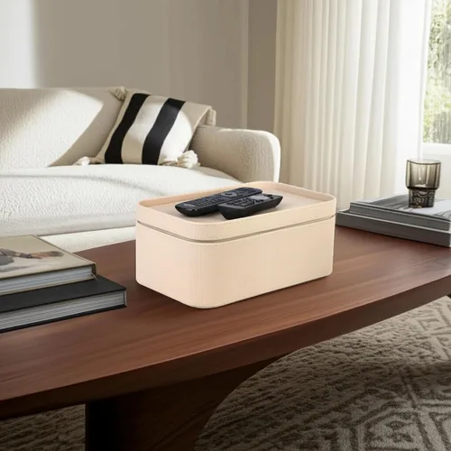 Miniatura 7 de HofferRuffer Cajas de almacenamiento decorativas de piel sintética, cestas de almacenamiento a prueba de polvo con tapas y bandejas, contenedores