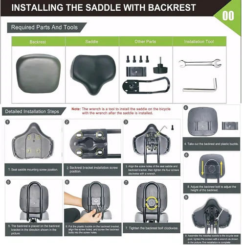 Miniatura 5 de Asiento de bicicleta con respaldo, asiento de bicicleta extra ancho con soporte trasero, asiento de bicicleta extragrande con cojín acolchado