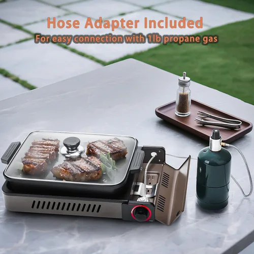 Miniatura 4 de Estufa portátil de gas propano con parrilla y tapa, estufa de camping de butano con encendido instantáneo para patio, cocina en el hogar, camping