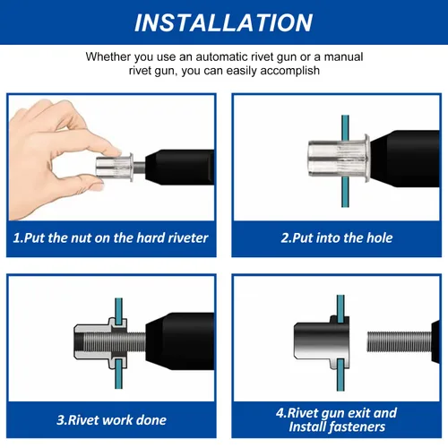 Miniatura 6 de Tuercas remachadoras de 1/4"-20 – 50 tuercas remachables de acero inoxidable, tuerca de inserción de cabeza plana con cuerpo moleteado