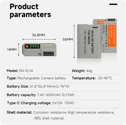 Miniatura 6 de Baterías de repuesto EN EL14 EN-EL14a, paquete de 2 baterías de 1650 mAh para Nikon D3100 D3200 D3300 D3400 D3500 D5100 D5200 D5300 D5500 D5600 DF