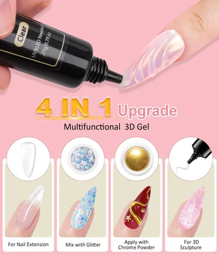 Miniatura 2 de Polvo de uñas de gel 3D 4 en 1 mejorado para uñas de cromo dorado 【NO.1 -100% Efecto 3D】20g No se limpia 3D Escultura de uñas de gel 3D con 2-Oro
