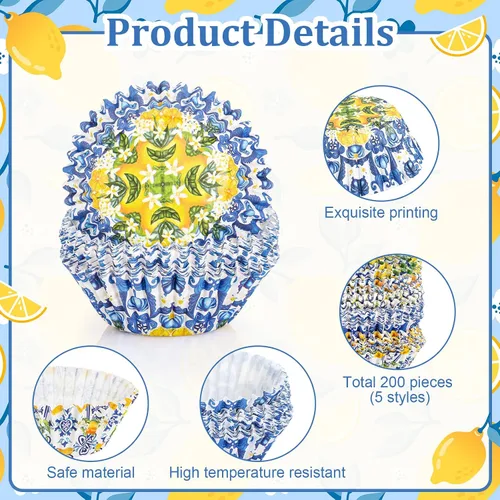Miniatura 3 de Funrous 200 forros de papel para cupcakes de limón con azulejos azules, tazas de limón para hornear, encontró su principal decoración de despedida