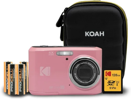 Kodak PIXPRO FZ45 Friendly Zoom 16MP 1080p Cámara digital Full HD (rosa pastel) con tarjeta SD de 128 GB, estuche de cámara compacta y paquete de 4