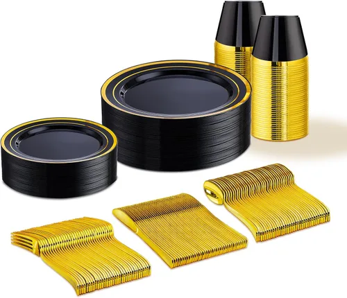 WELLIFE Juego de vajilla desechable de 150 piezas, color negro y dorado, platos de plástico para fiestas, incluye 25 platos de ensalada, vasos,