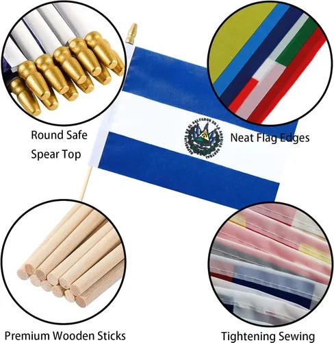 Miniatura 3 de Paquete de 12 banderas salvadoreñas en palos de El Salvador, pequeñas banderas de mano para oficina, aula, decoración de fiesta de vacaciones
