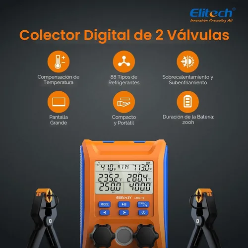 Miniatura 2 de Elitech Válvula de 2 vías de manómetro digital con abrazaderas de termómetro para sistemas HVAC, LMG-10
