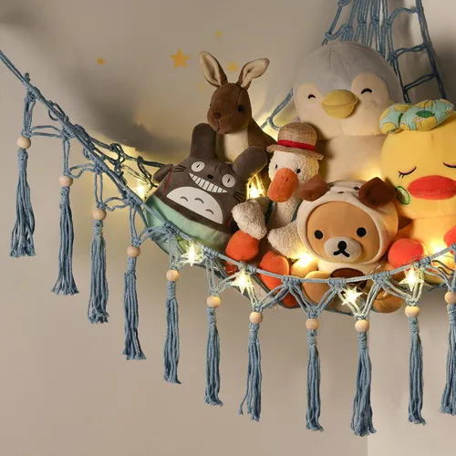 Miniatura 2 de Hamaca de almacenamiento para juguetes de animales de peluche con luz LED - Organizador de habitación jumbo de macramé para muñecas, decoración