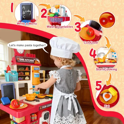 Miniatura 2 de Juego de cocina de juguete mejorado para niños y niñas, juego de mini cocina con fregadero de rociado y iluminación realista, juguetes de cocina Rojo