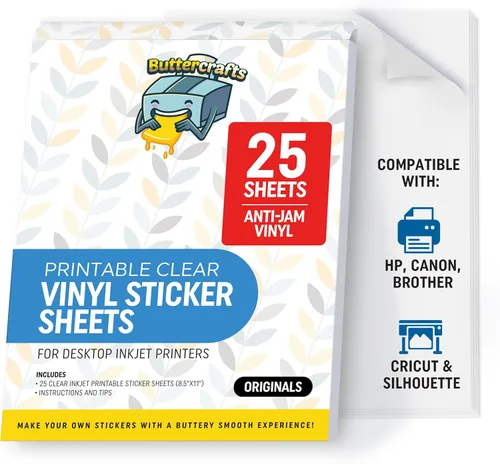 Papel adhesivo de vinilo transparente imprimible, impermeable, 25 hojas de 8.5 x 11 pulgadas, impresora de inyección de tinta (no Epson), papel Claro