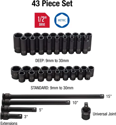 Miniatura 3 de Sunex 2569, juego de llaves de impacto Master Drive de 1/2 pulgada, 43 piezas, métrico, 9 - 30 mm, estándar/profundo, acero de aleación CR-MO