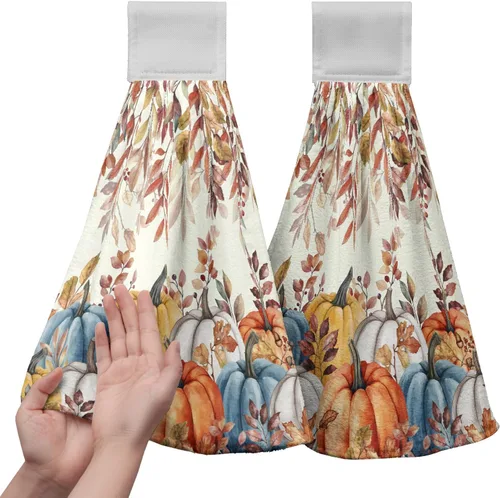 Miniatura 23 de Juego de 2 toallas de cocina colgantes de hojas tropicales de verano, color verde, hojas de palmera, con bucles para colgar, suaves y absorbentes