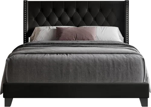 Miniatura 3 de HOME DESIGN Homer - Marco de cama tapizado con respaldo copetudo, cabecera capitonada de piel sintética con botones y ribete de cabeza de clavo