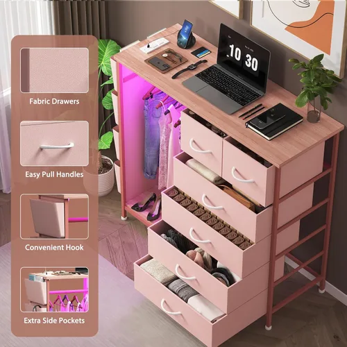 Miniatura 7 de Cómoda de 6 cajones para dormitorio con perchero, cómoda con bolsillos laterales y ganchos, estación de carga y luces LED, parte superior de madera
