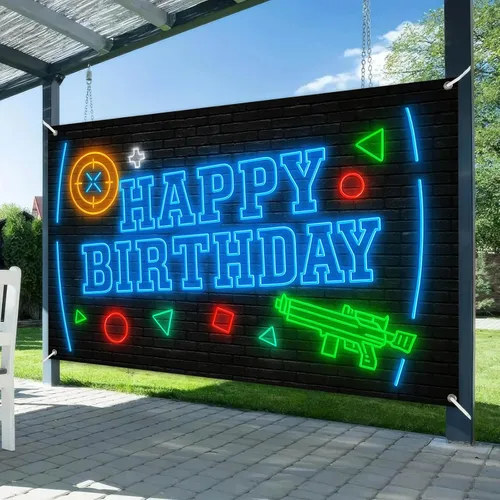 Miniatura 2 de HOMETITUTE Cartel de feliz cumpleaños de 71 x 43 pulgadas con luz negra fluorescente para decoración de fondo de fiesta, controlador de juego azul
