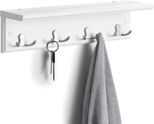 Miniatura 7 de SONGMICS Perchero colgante de entrada, estante de madera montado en la pared, con 4 ganchos dobles, estante flotante de pared, blanco ULHR42WT
