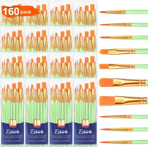 Miniatura 9 de ESRICH Juego de pinceles de pintura acrílica, 16 paquetes/160 unidades, cabezal de cepillo de nailon, adecuado para acrílico, óleo, acuarela, cuerpo